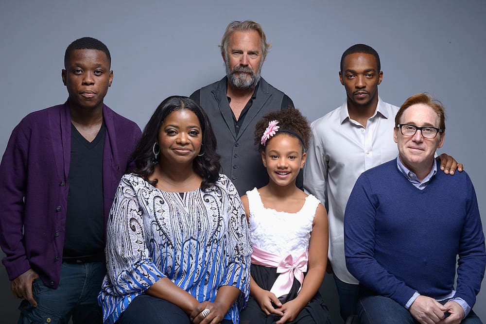 Actor Mpho Koaho, actress Octavia Spencer, actor Kevin Costner, Jillian Estell, actor Anthony Mackie and director Mike Binder of "Black and White" in 2014