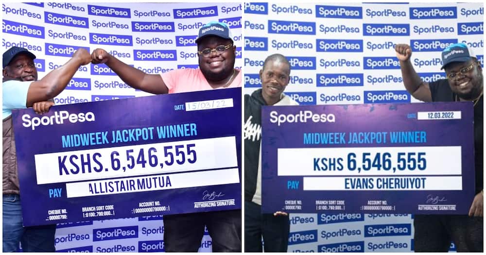 Evans Cheruiyot and Allistair Mueni Mutua winners of SportPesa Mid-Week Jackpot.
