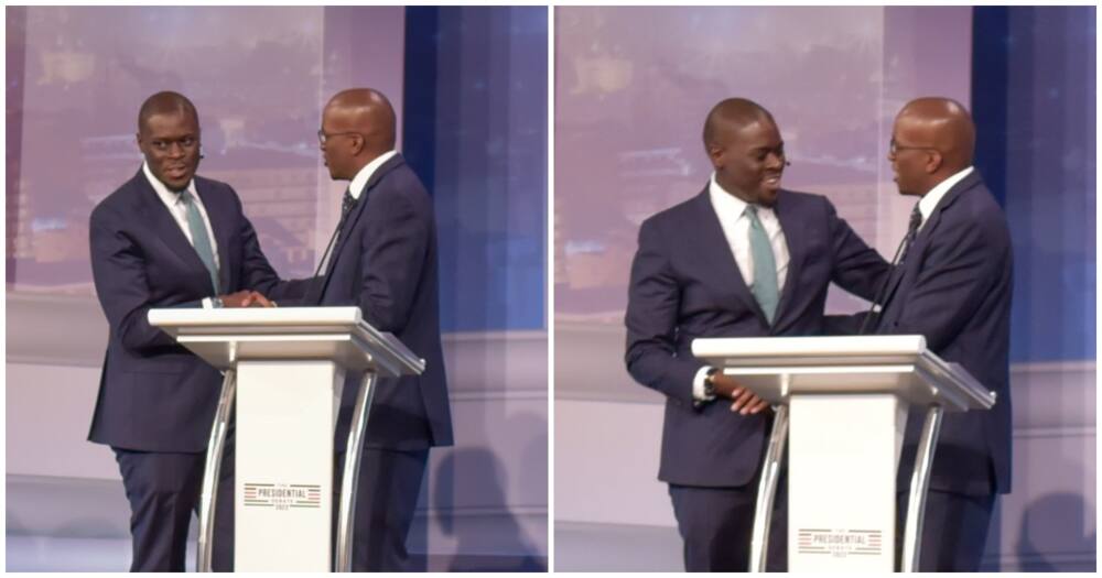 Johson Sakaja mshindani wake Polycarp Igathe wakati wa mdhahalo wa ugavana wa Nairobi. Picha: Presidential Debate Kenya.