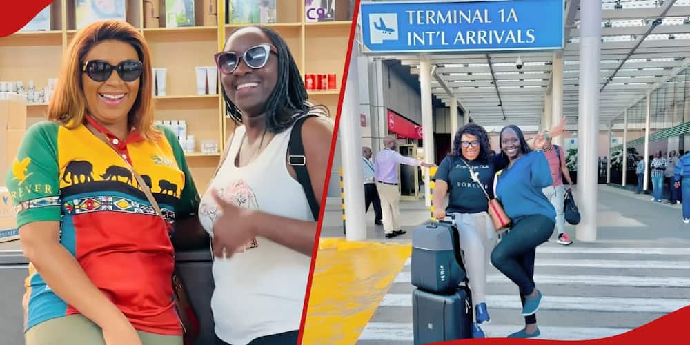 Left: Winnie Ayimba (in white top) poses for a photo with her South African friend.
Right: Winnie (in blue top) welcomes her mentor to Nairobi.