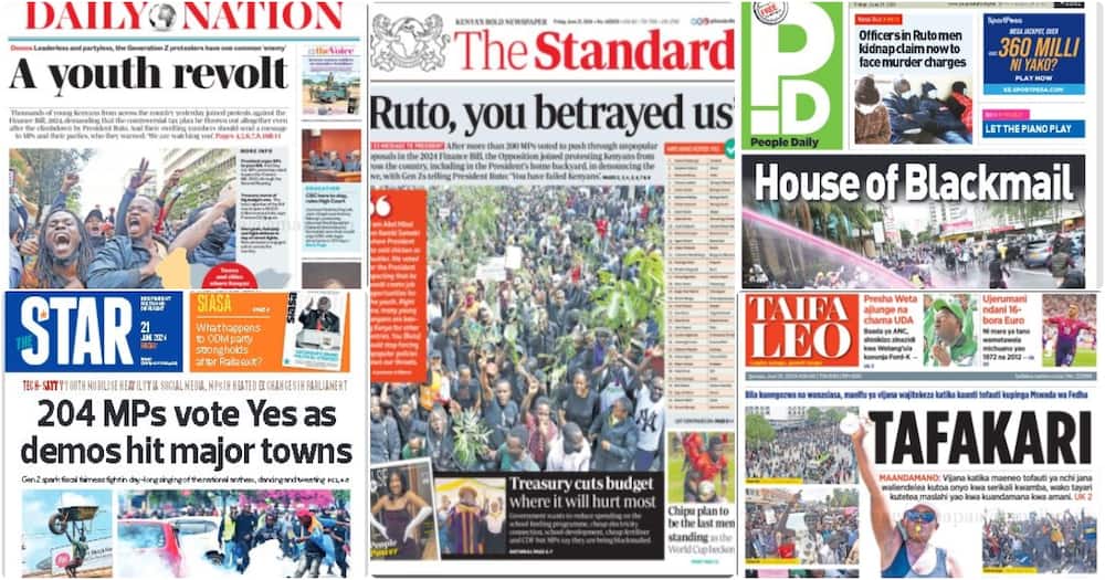 Top news stories on Kenyan dailies on Friday, June 21.