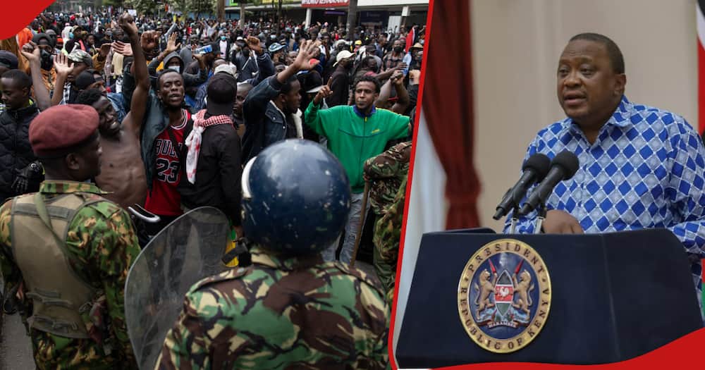 Collage of protesters in Nairobi (l) and Uhuru Kenyatta (r)