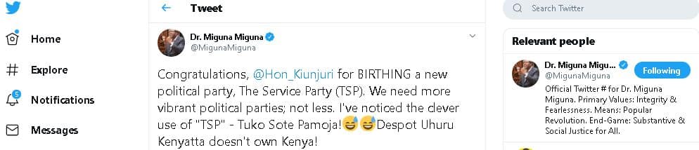 Miguna hilariously coins new name for Mwangi Kiunjuri's new party TSP: "Tuko Sote Pamoja"