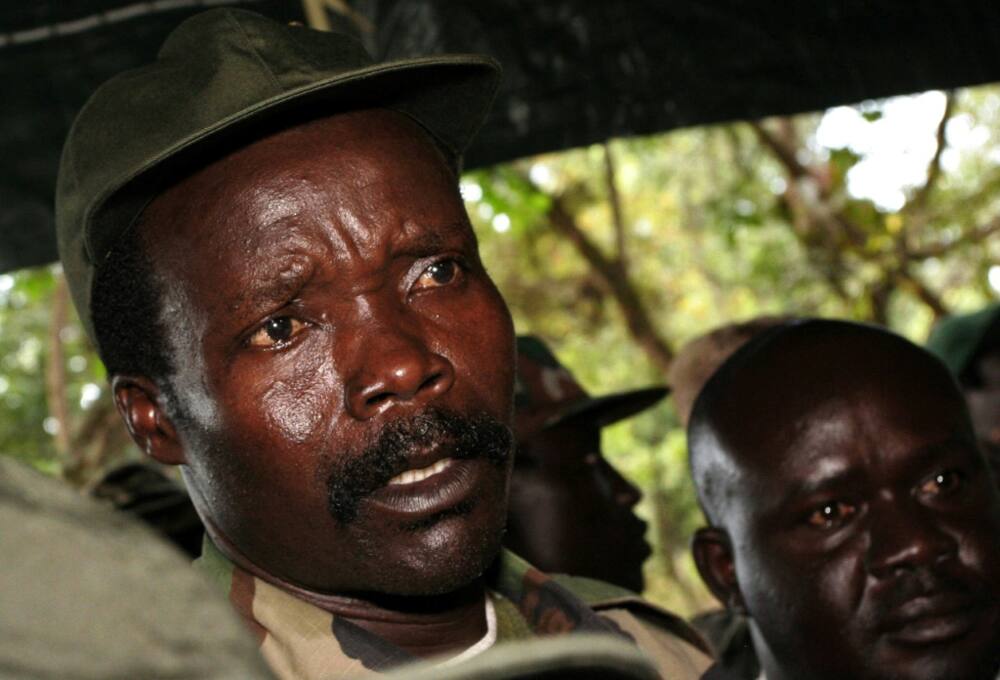 Fugitive: A rare picture of Kony, seen speaking to journalists in southern Sudan in November 2006
