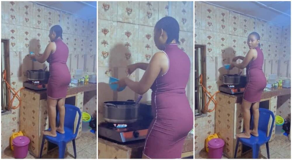 Photos of a pretty lady standing on a chair while cooking in a kitchen.