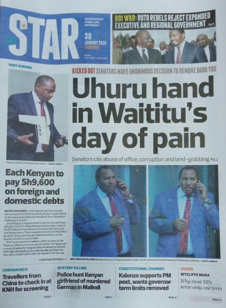 Kenyan newspapers review for January 30: Troubled Waititu to battle impeachment in court