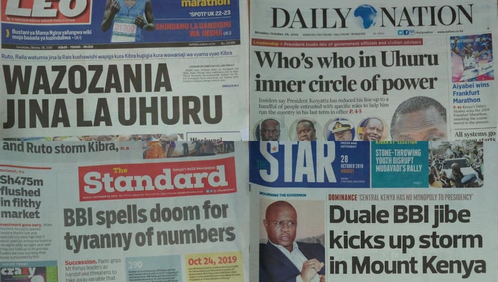 Kenyan newspapers review for October 28: Ruto, Raila scrambling for President Uhuru's name to woo voters in Kibra