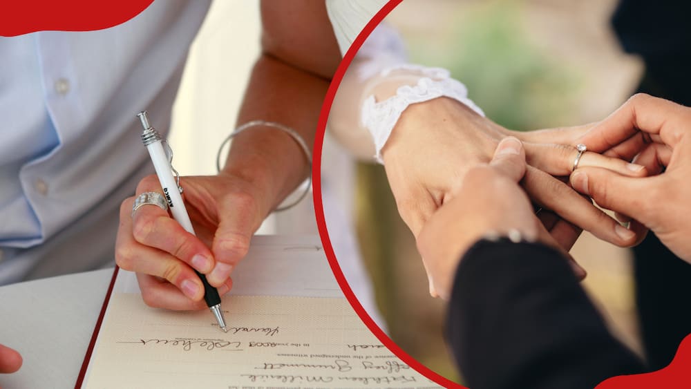 A collage of a bride signing the marriage certificate and the groom placing a wedding ring on the bride's hand