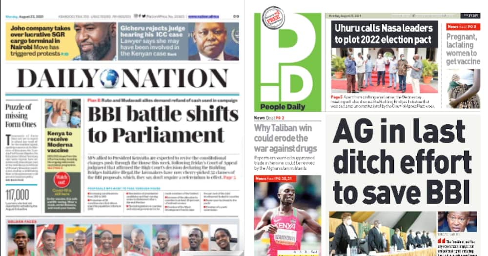 Kenyan Newspapers Review For August 23:MPs allied to President Uhuru Kenyatta will be moving to parliament to effect some of the proposals borne in the BBI.