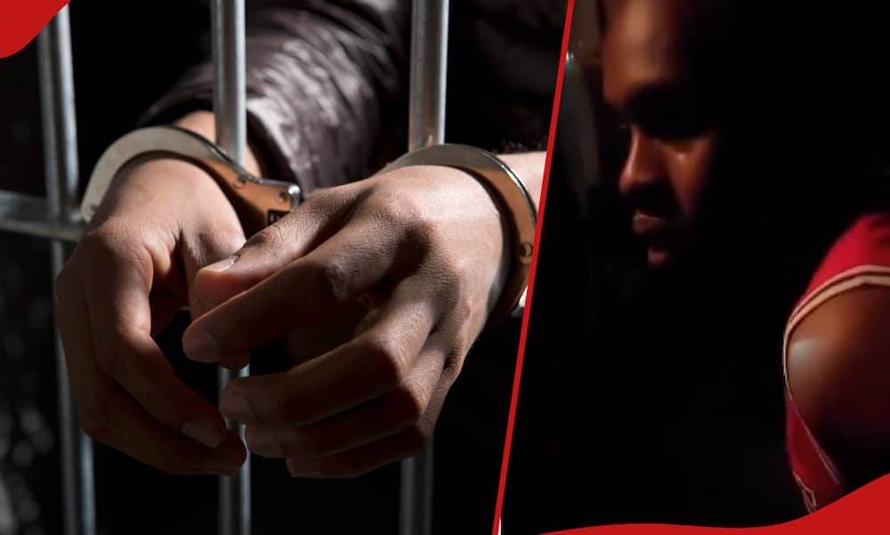 A prisoner behind bars with hands cuffed and Ian Njoroge arrested.
