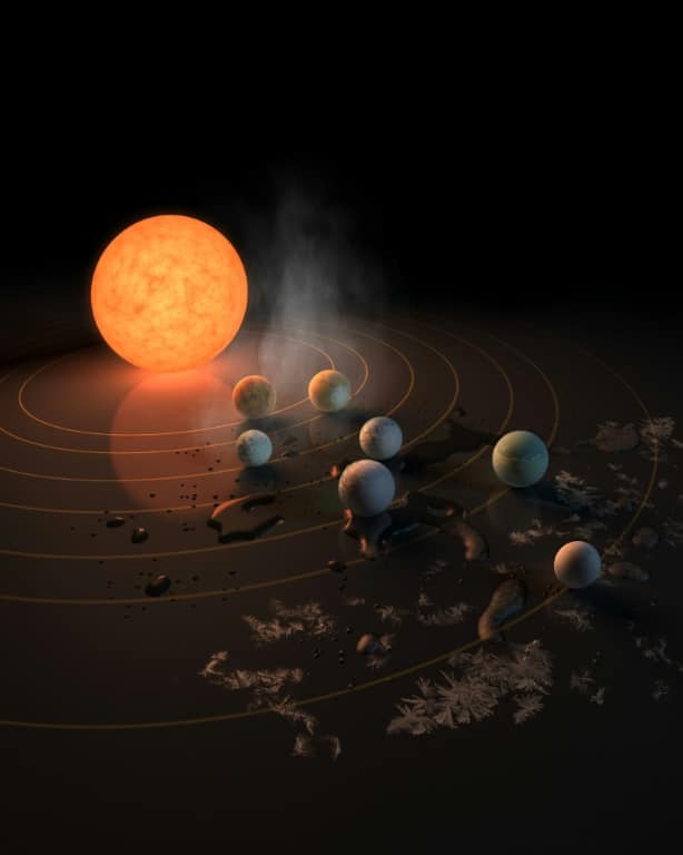 An artist's impression of the rocky exoplanets and ultracool red dwarf star of Trappist-1
