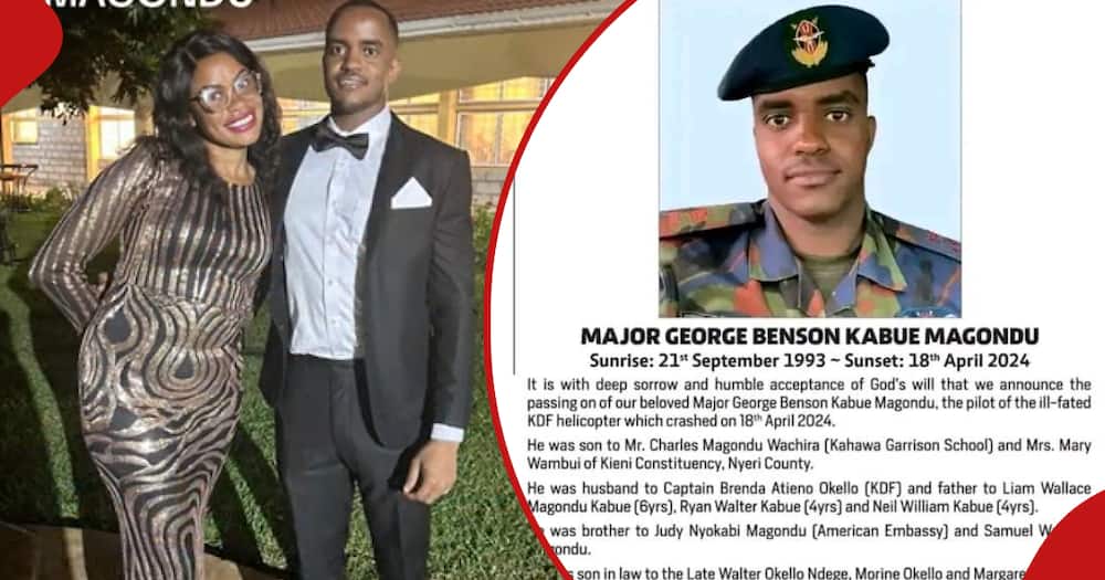 George Magondu (l) with his wife, Captain Brenda Okello, Major Magondu's death announcement (r) as placed in the Nation newspaper.