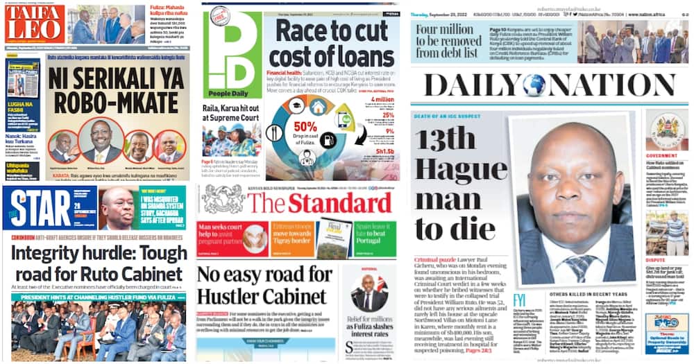 Newspapers for September 29. Photo: Screengrabs from The Standard, Daily Nation, The Star, People Daily and Taifa Leo.