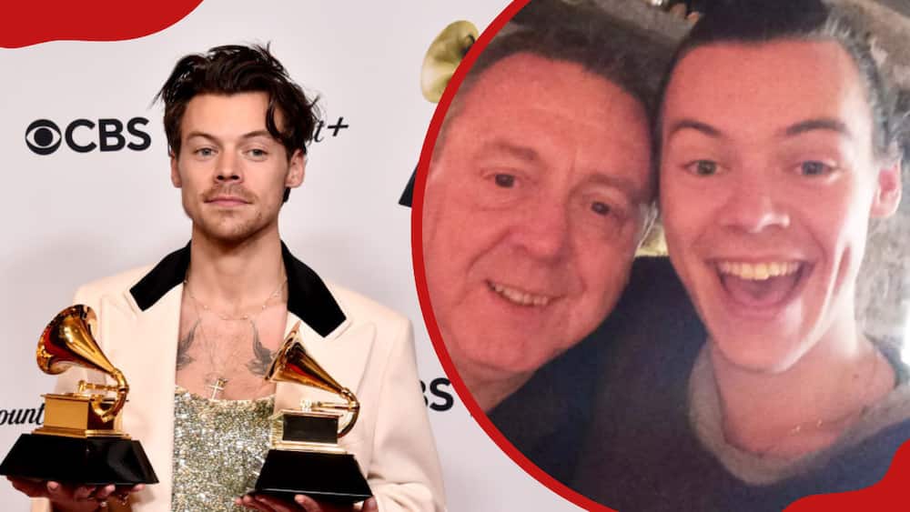 A collage of Harry Styles at the 65th Grammy Awards and Harry Styles with his father, Desmond Styles
