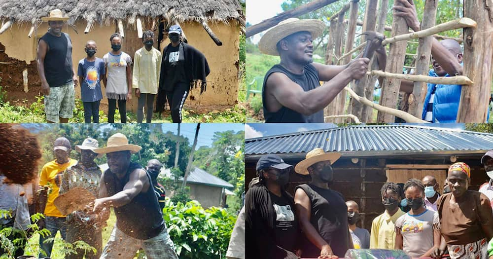 Otiende Amollo building a house for a widow.