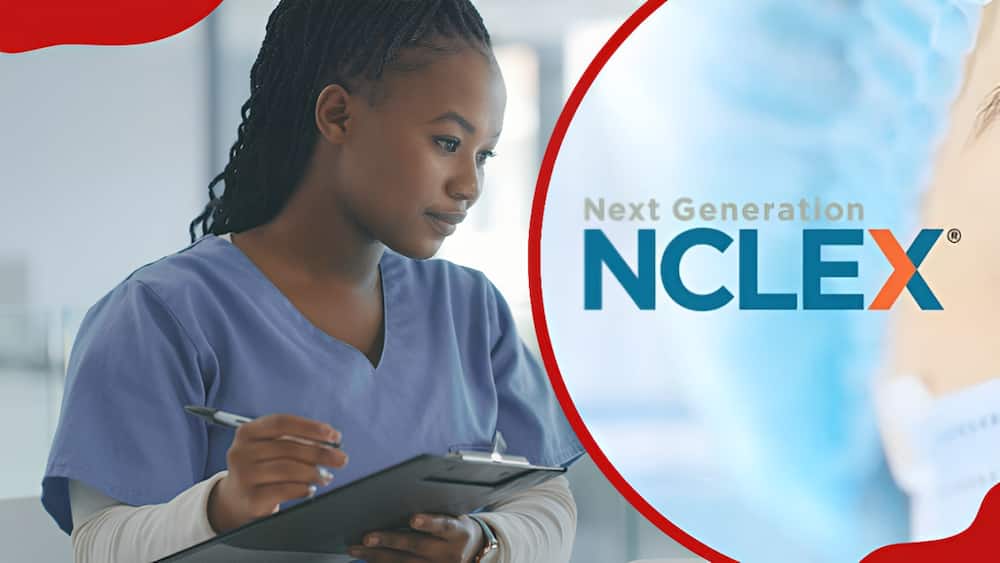 NCLEX logo and a female nurse filling in a patients chart