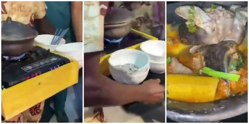 Nigerians react to video of guests being served food from a hot stove and calabash on an occasion.