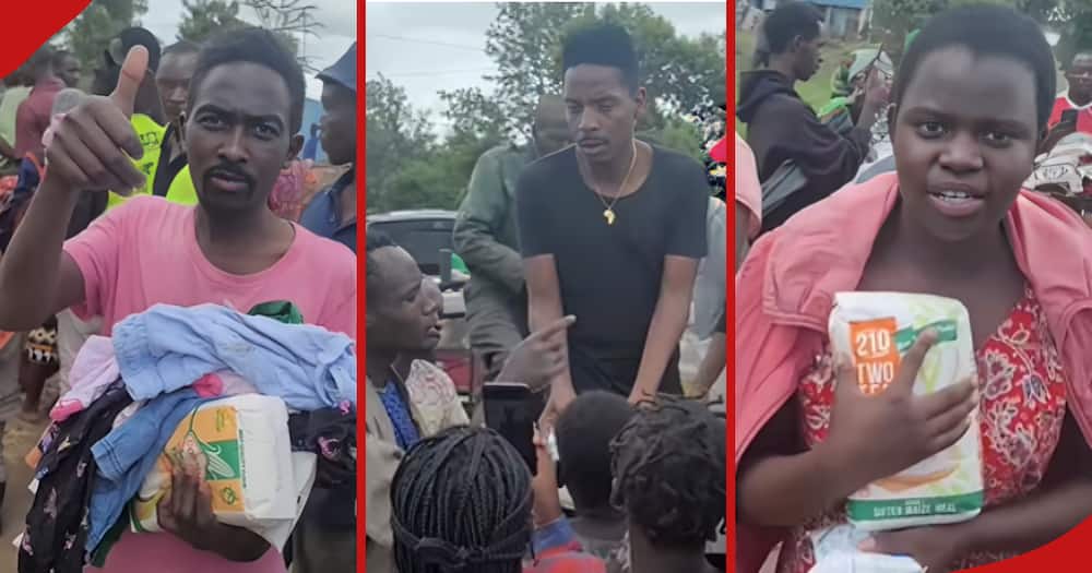 Eric Omondi (c) shares goodies with flood victims and the other frames show some of the affected people.