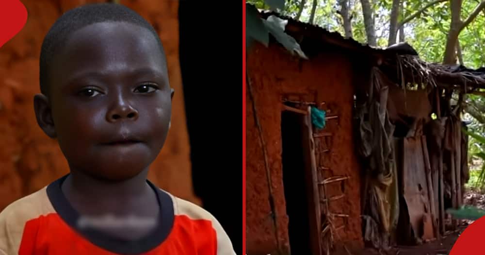 Tanzanian boy Anthony (l) talks about losing his mum five years ago. The house Anthony lives in (r).