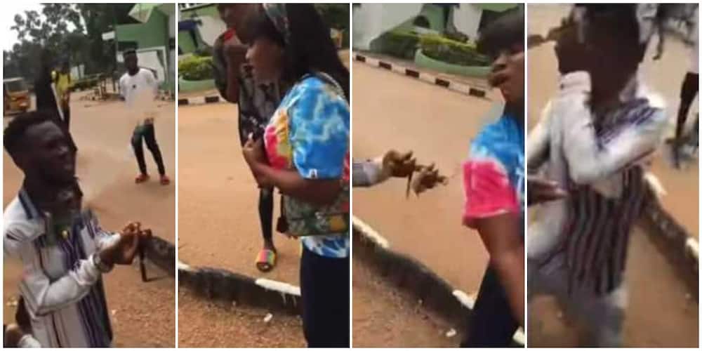 Video shows Nigerian female student giving boyfriend hot slap on campus as she rejects his proposal