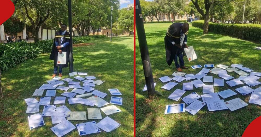 Man in graduation gown scatters his certificates on the ground.