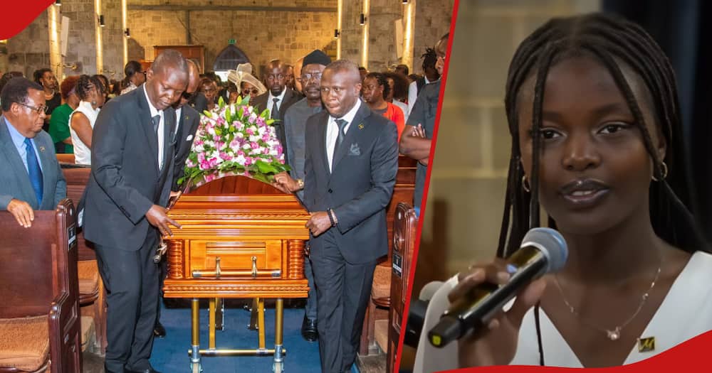 Michael Oyier's body being wheeled out of church and nect frame shows his daugter Abigael.