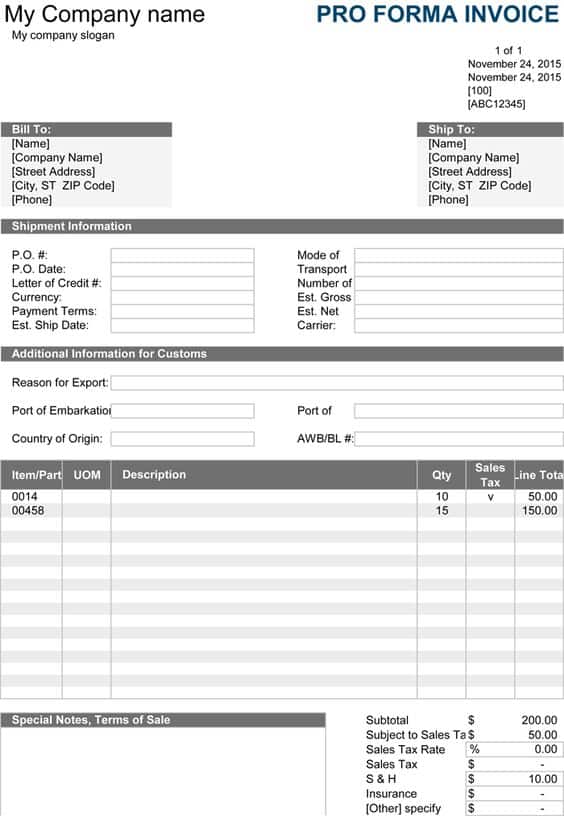 proforma invoices definition