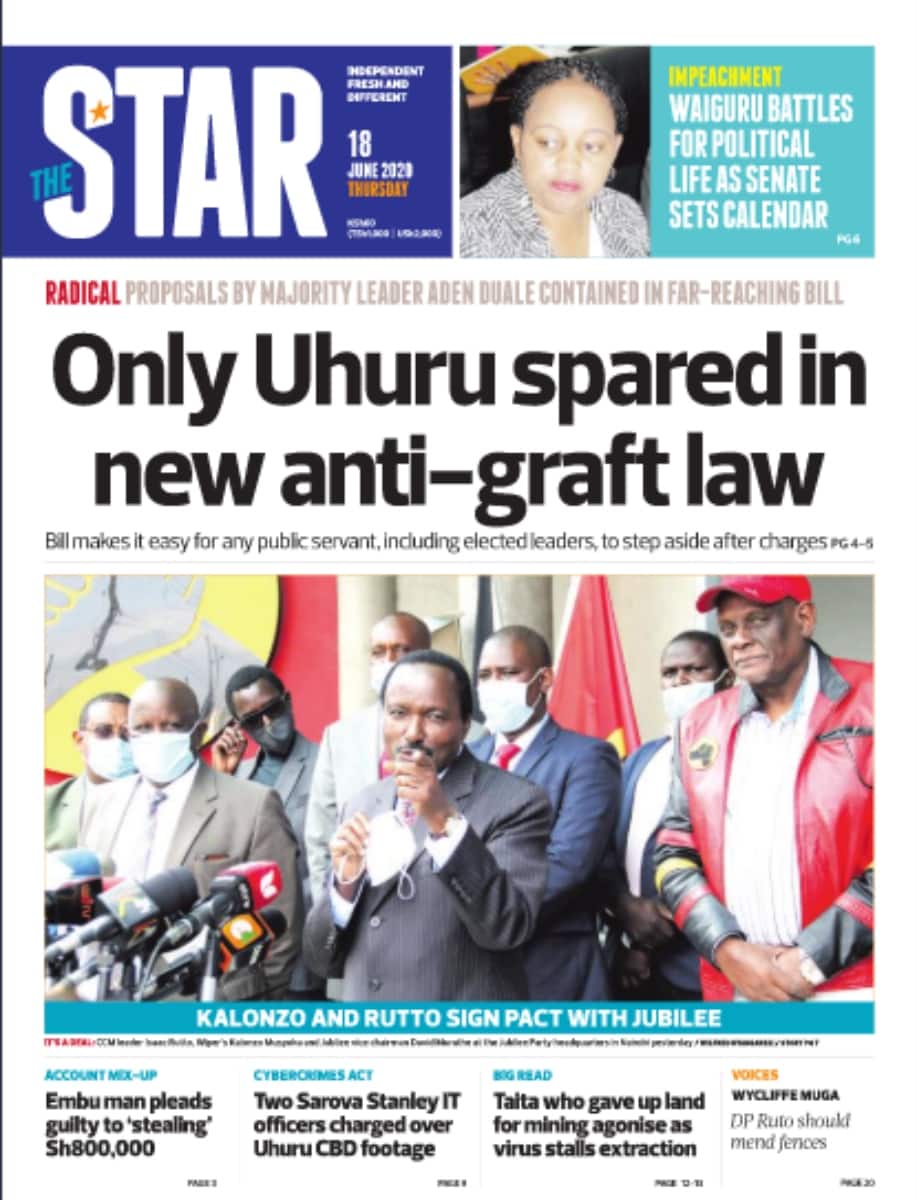Kenyan newspapers review for June 18: Governor Ngilu, 4 others stare at an impeachment as MCAs begin signature collection