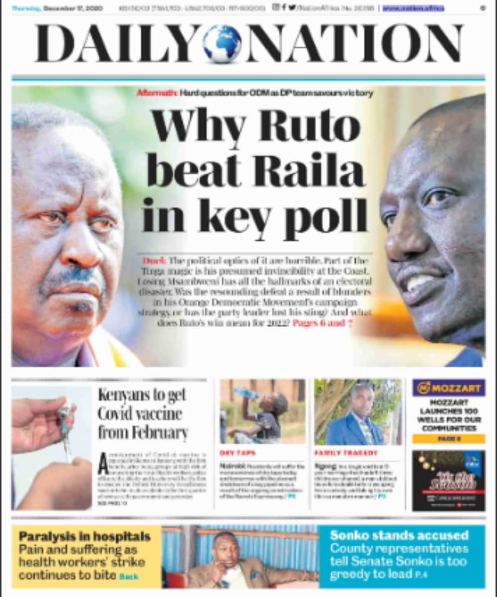 Kenyan newspapers review for December 17: Raila Odinga says ODM won Msambweni by-election