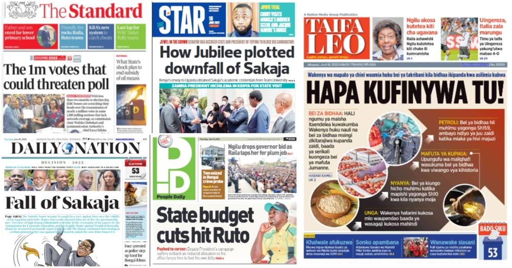 Kenyan newspapers. Photo: Screengrabs from The Standard, Daily Nation, The Star, People Daily and Taifa Leo.