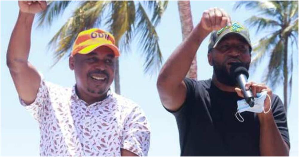 Mombasa Governor Haasan Joho with former Msambweni aspirant Omar Boga. Photo: ODM