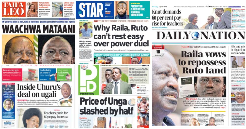 Kenyan newspapers. Photo: Screengrabs from The Standard, Daily Nation, The Star, People Daily and Taifa Leo.