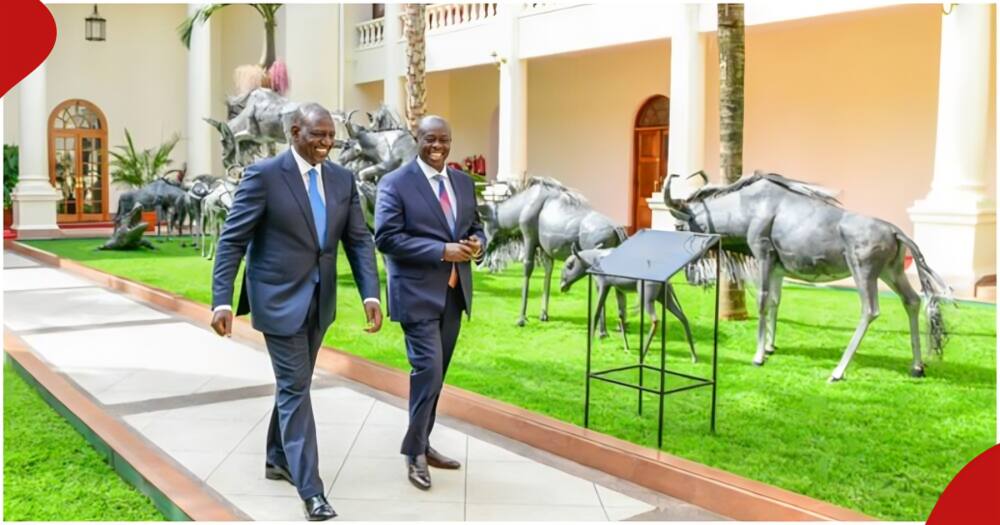 President William Ruto with his deputy Rigathi Gachagua strolling at state house.
