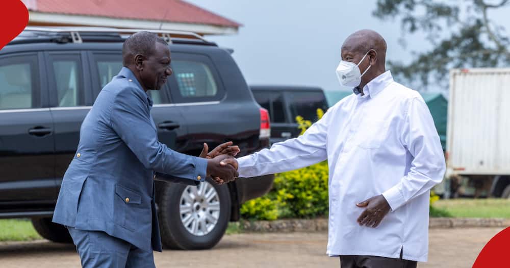 William Ruto (l) and Yoweri Museveni (r) shake hands.