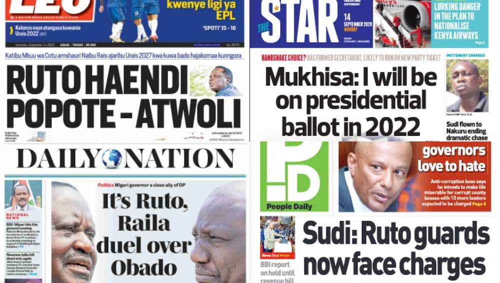 Kenyan newspapers review for September 14: Presidential Escort guards found at MP Oscar Sudi's home are attached to William Ruto