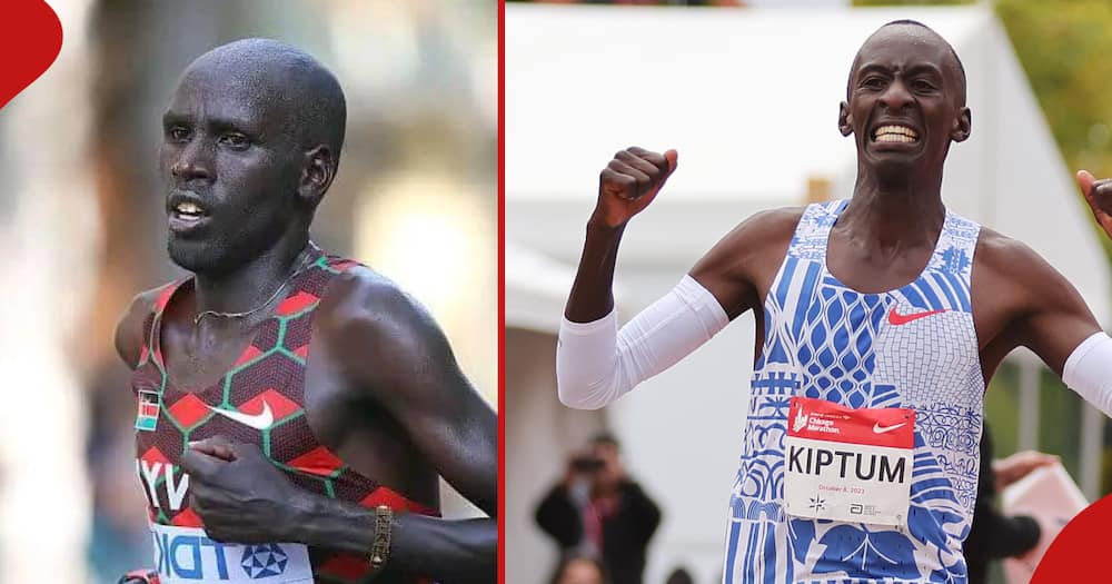 From left is Timothy Kiplagat who came second in the Tokyo Marathon. In the right frame is Kelvin Kiptum celebrating after crossing the finish line in Chicago.