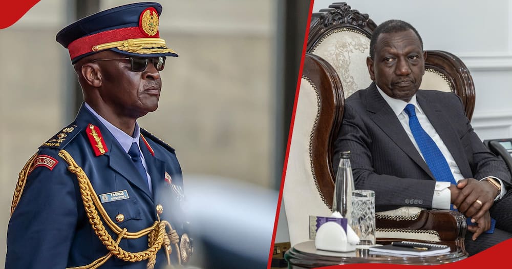 General Francis Ogolla (left frame) died in a plane crash. William Ruto (right frame) paid emotional tribute to him.