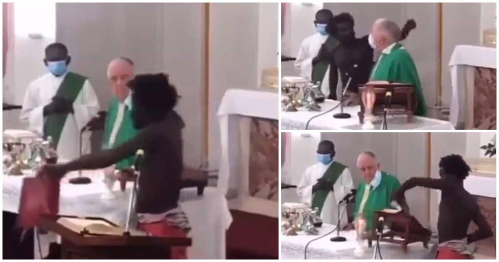 Mad man, storms Catholic church, knocks priest, takes Bible