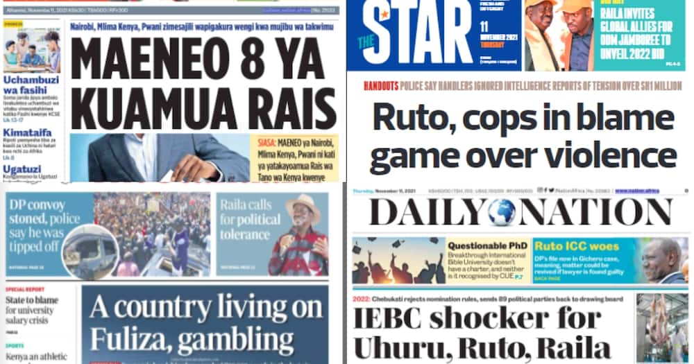 Kenyan newspapers. Photo: Screengrabs from The Standard, Daily Nation, The Star and Taifa Leo.