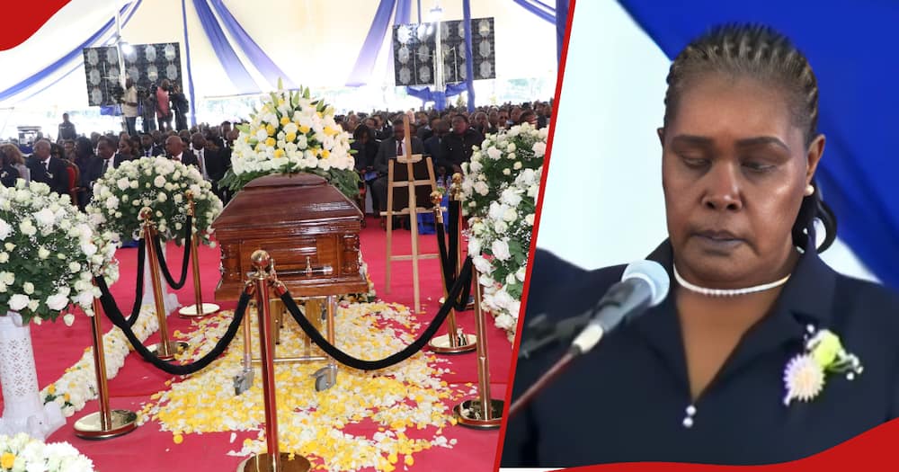 The casket at the burial service of June Moi and the next frame shows Doris Moi.
