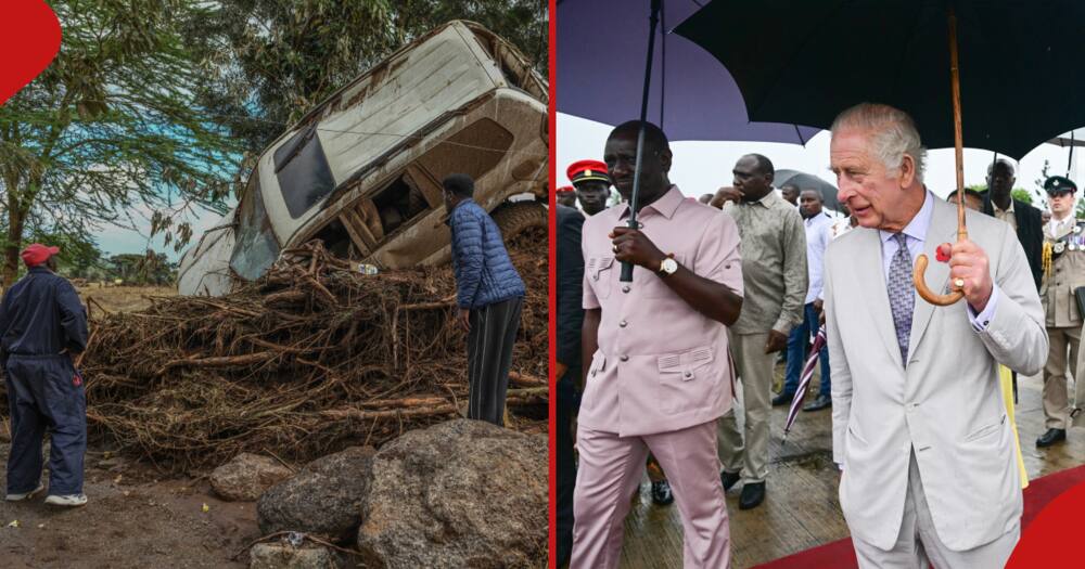Vehicle damaged after Mai Mahiu floods and King Charles walking with William Ruto during his visit in October 31, 2023.