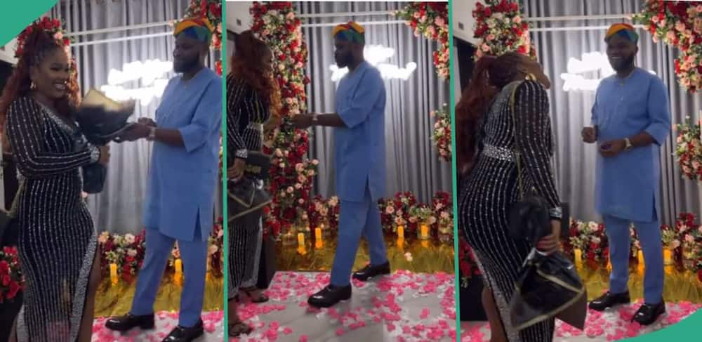 Lady insists her man kneels to engage her, refuses to take the ring from him