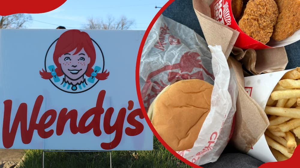Wendy's banner on a street and a Wendy's burger, chicken, and fries