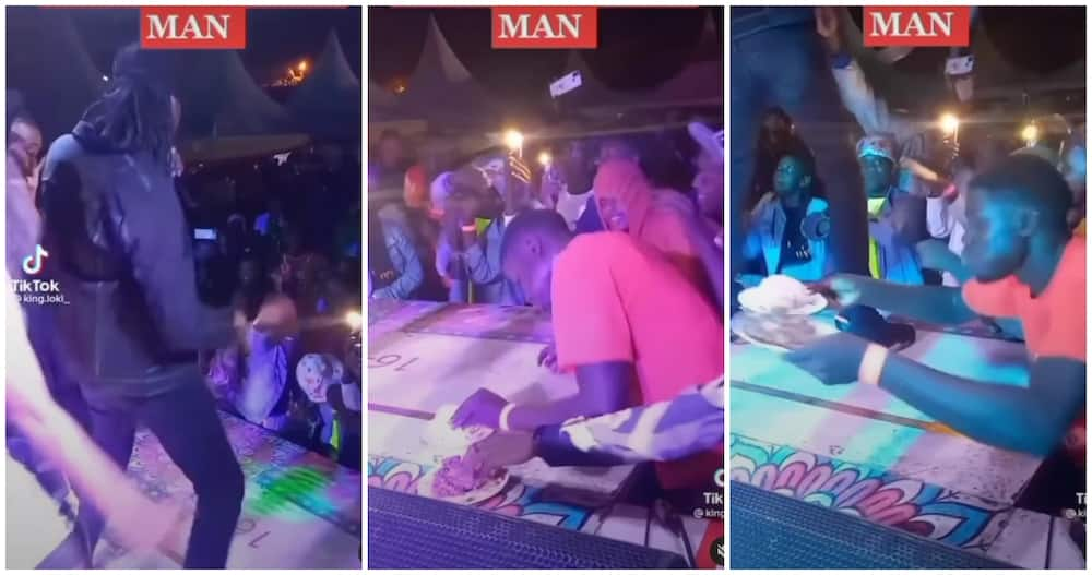 Nameless's fan eats ugali nyama on podium as singer performs.