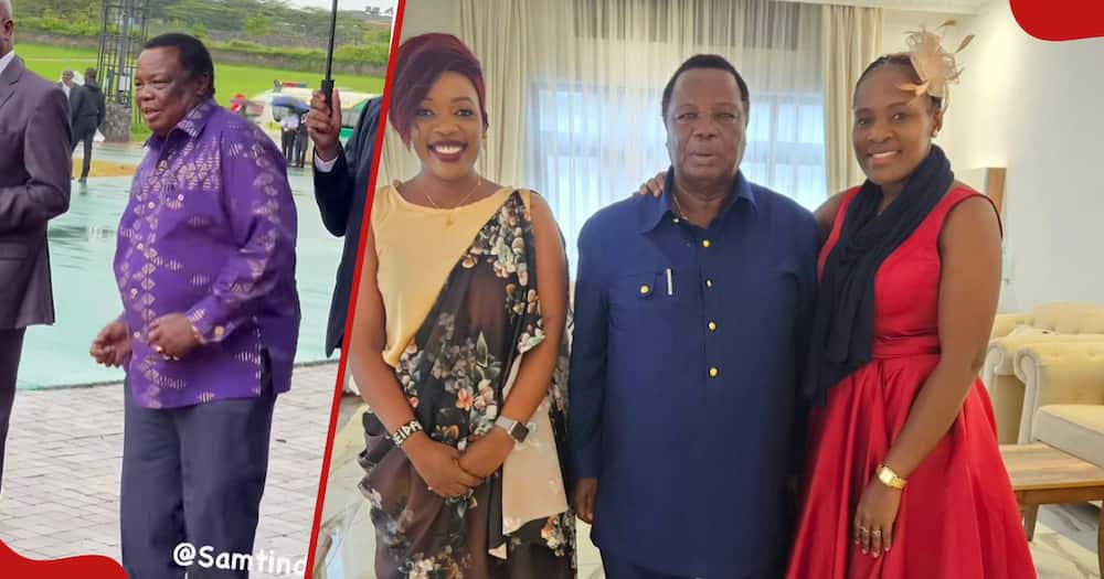 Francis Atwoli (l) dancing, Atwoli (r) poses for a photo with his wife, Mary Kilobi, and news anchor Zubeida Kananu.