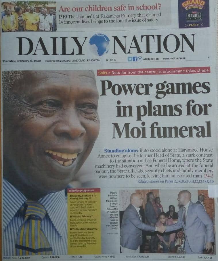 Kenyan newspapers review for February 6: William Ruto was blocked from viewing Daniel Moi's body in the morgue