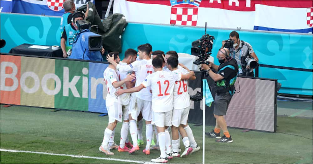 Spain celebrate after scoring against Croatia in the Euro 2020 Photo: Getty Images.