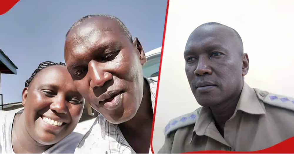 Samson Kipruto and his wife Jeniffer Wairimu(l) ans Samson Kipruto in police uniform.