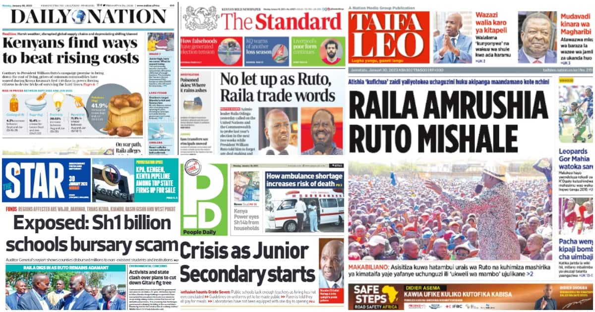 Kenyan Newspapers Review, January 30: Raila Goes Ballistic on Ruto, Reveals Bribery Claims against Chebukati
