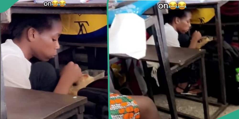 A TikTok video showed a female student eating under the desk while the teacher taught.
